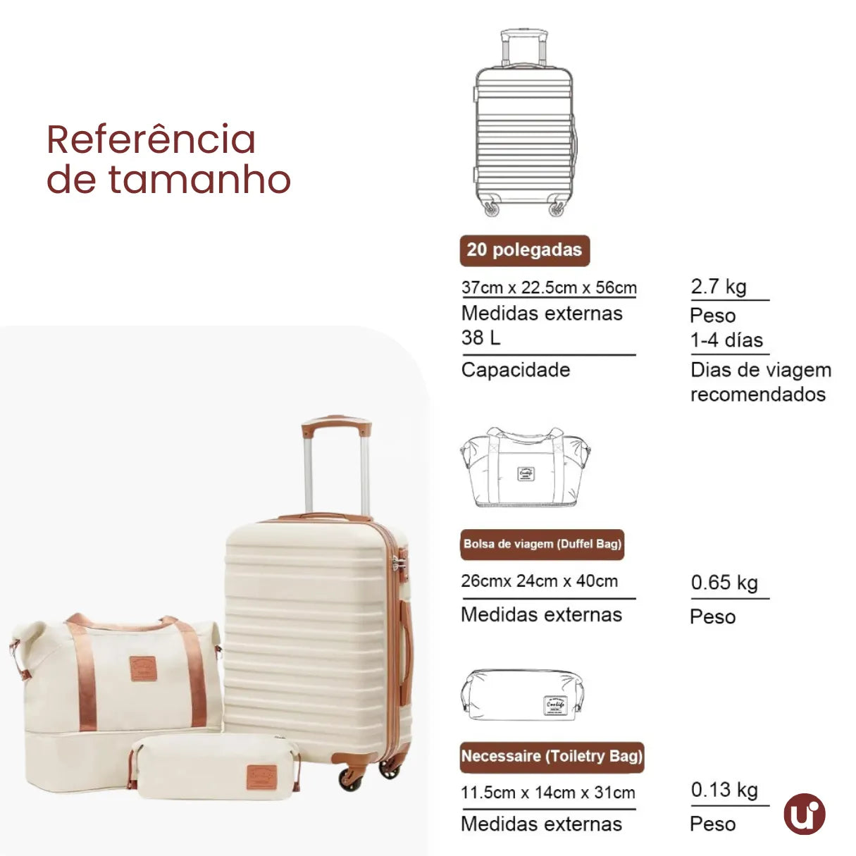 Kit Mala de Bordo 10kg Rodas Removíveis ANAC + Bolsa e Nécessaire