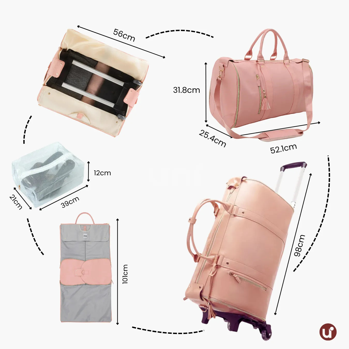 Mala de Mão Rosa Espaçosa Dobrável 60L Roller JetSetFemme™