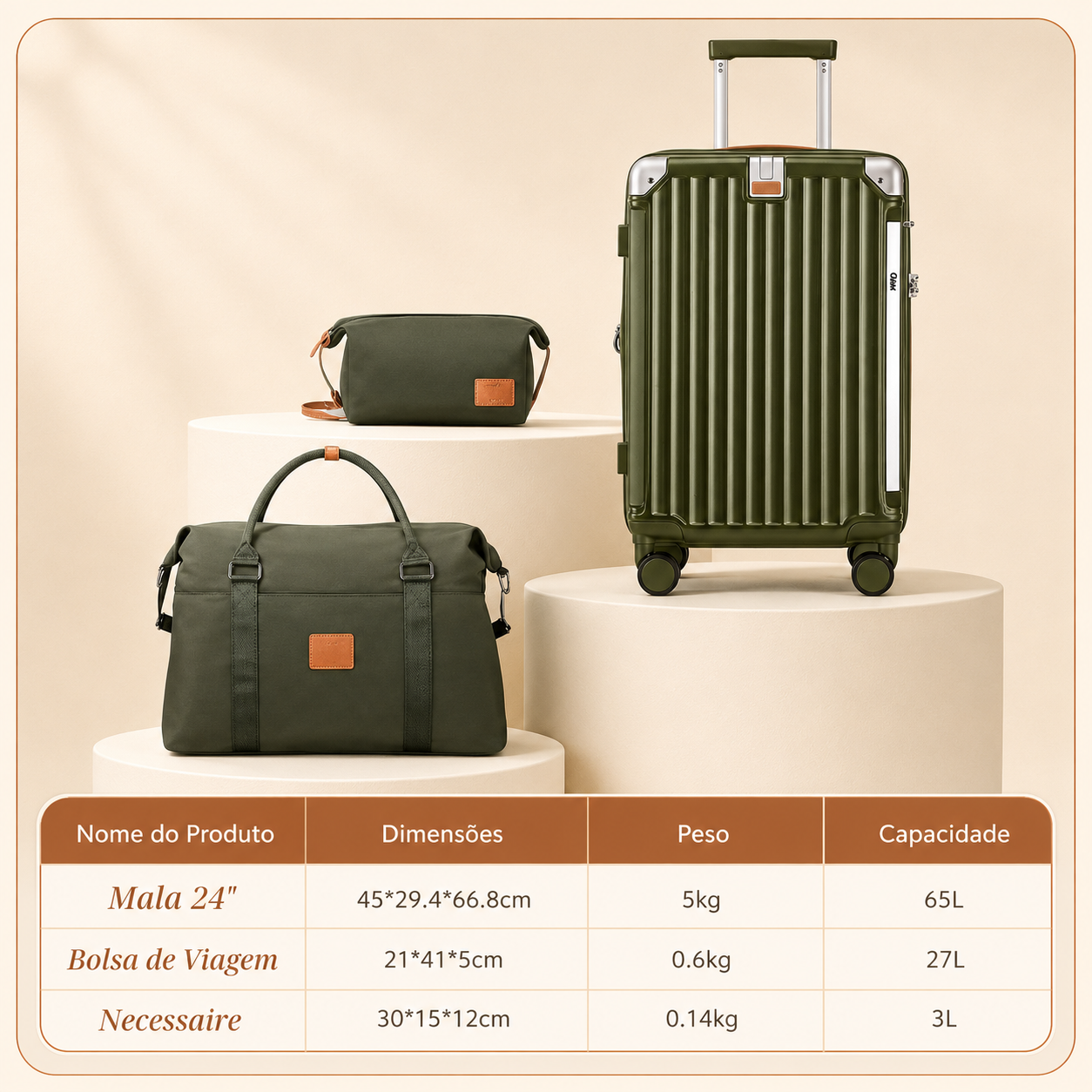 Kit Mala de Viagem Verde Oliva 20"/24" + Bolsa e Necessaire