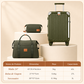 Kit Mala de Viagem Verde Oliva 20"/24" + Bolsa e Necessaire