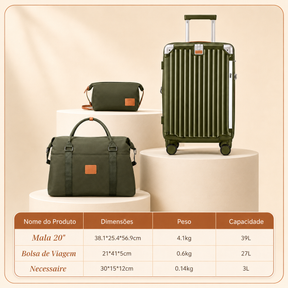Kit Mala de Viagem Verde Oliva 20"/24" + Bolsa e Necessaire