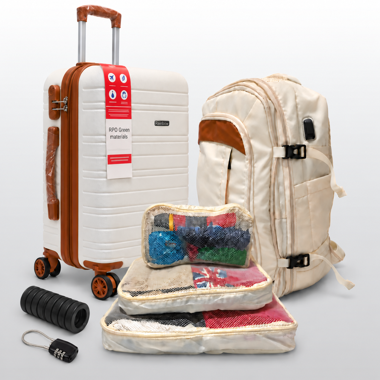 Kit Viagem NovaTech Ivoire — Mala de Bordo + Mochila Antifurto USB