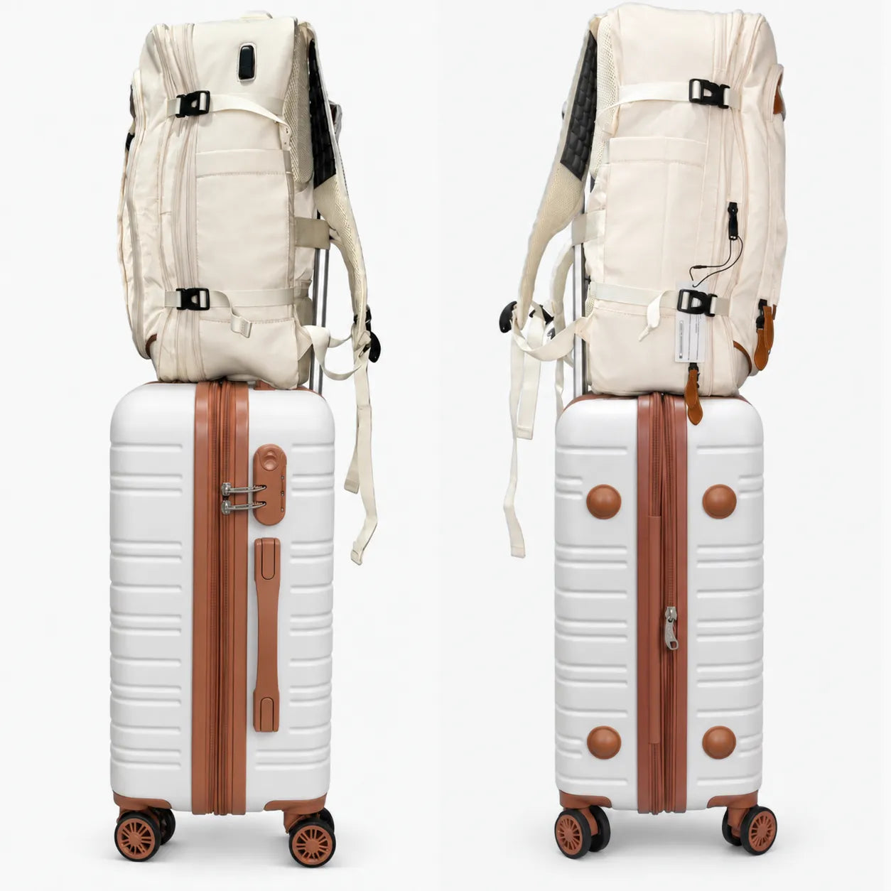 Kit de viagem NovaTech 2.0 creme: mochila antifurto com porta-notebook e USB + mala de bordo combinando — Uni Escolhas
