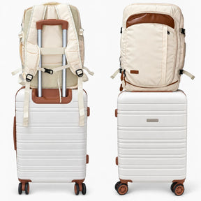 Kit de viagem NovaTech 2.0 creme: mochila antifurto com porta-notebook e USB + mala de bordo combinando — Uni Escolhas