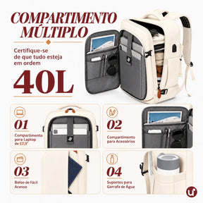 Mochila de Viagem NovaTech 2.0 Creme — 40L Expansível, USB, Antifurto e Notebook 17,3"