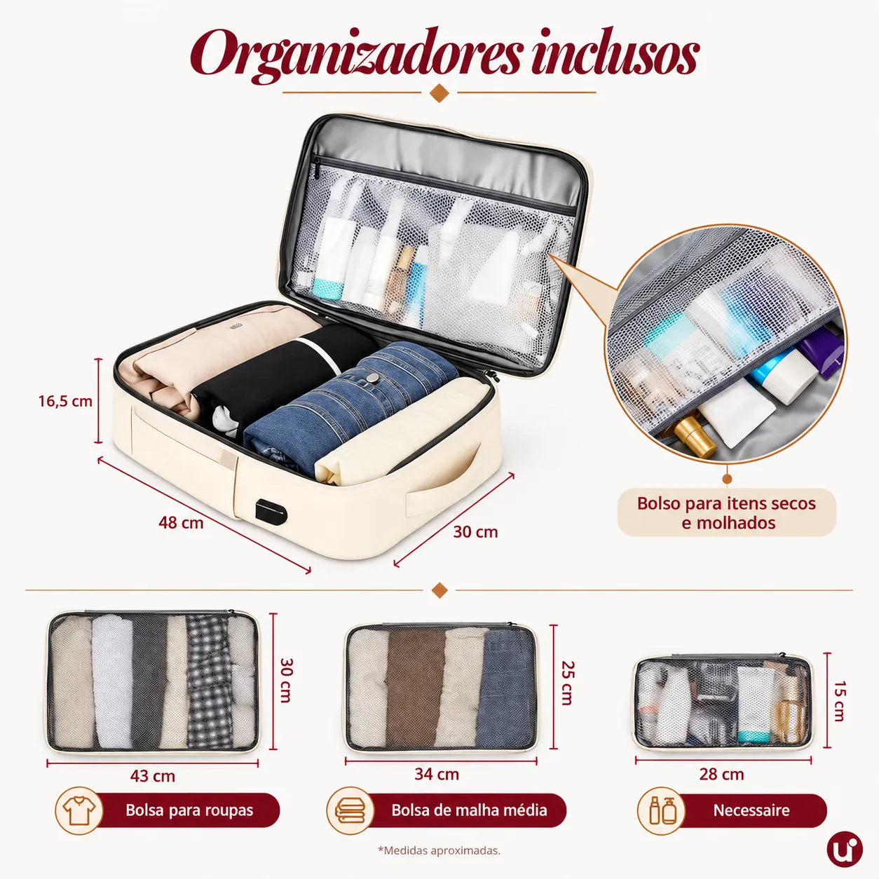 Mochila de Viagem NovaTech 2.0 Creme — 40L Expansível, USB, Antifurto e Notebook 17,3"