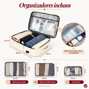 Mochila de Viagem NovaTech 2.0 Creme — 40L Expansível, USB, Antifurto e Notebook 17,3"