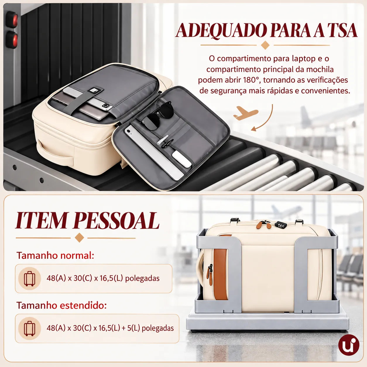 Mochila de Viagem NovaTech 2.0 Creme — 40L Expansível, USB, Antifurto e Notebook 17,3"