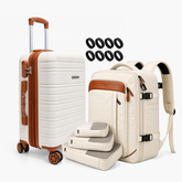 Kit de viagem NovaTech 2.0 creme: mochila antifurto com porta-notebook e USB + mala de bordo combinando — Uni Escolhas