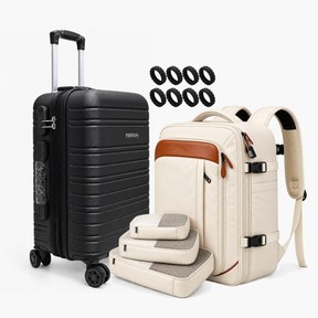 Kit de viagem NovaTech 2.0 creme: mochila antifurto com porta-notebook e USB + mala de bordo combinando — Uni Escolhas