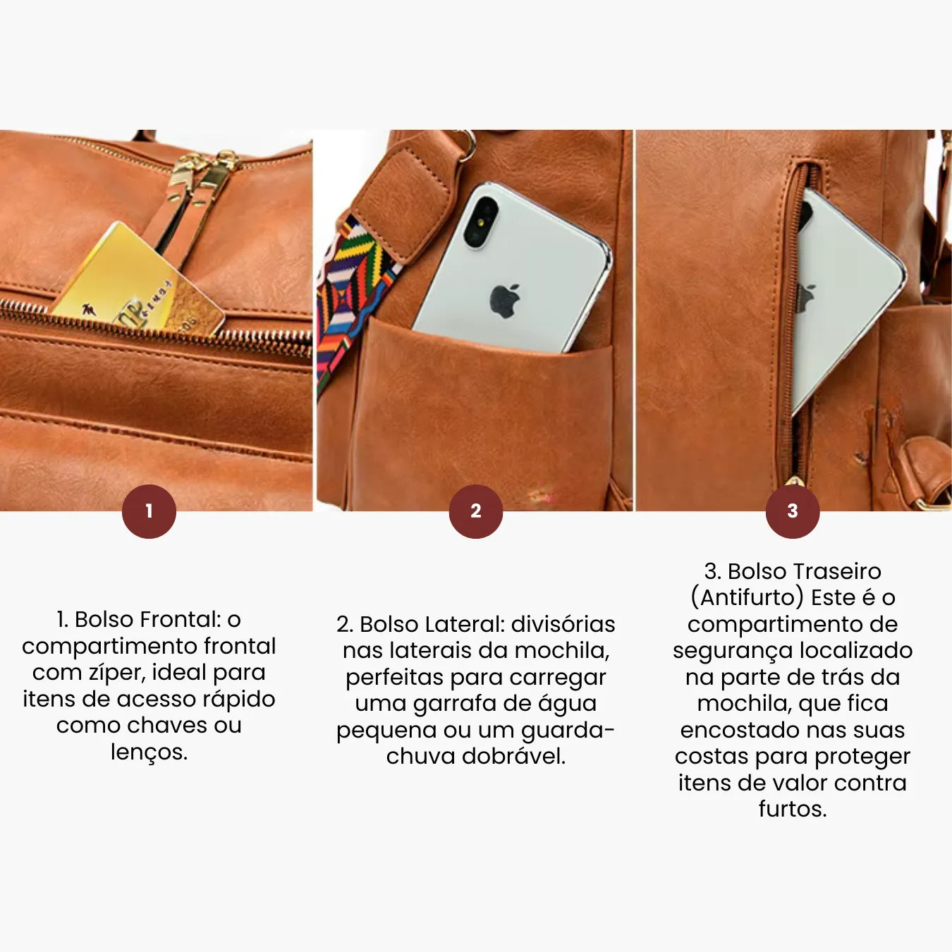 Mochila Feminina Antifurto Shiny Diary 2026 Couro Premium Impermeável 3 em 1