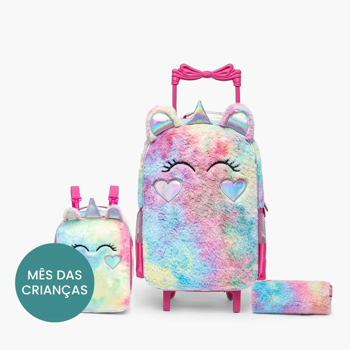 Mochila de Rodinha Infantil Unicórnio Pelúcia Kit Escolar com Lancheira e Estojo SPECTOR