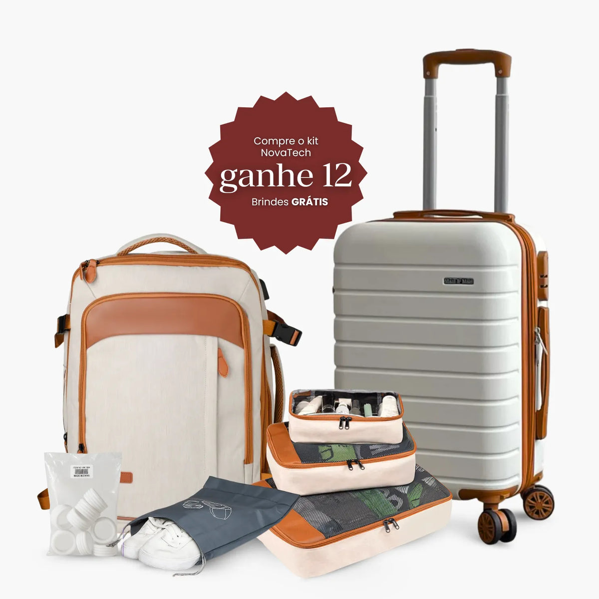 Kit Mala de Viagem — Mochila NovaTech™ + Mala de Bordo 10kg + 4 Necessaires GRÁTIS
