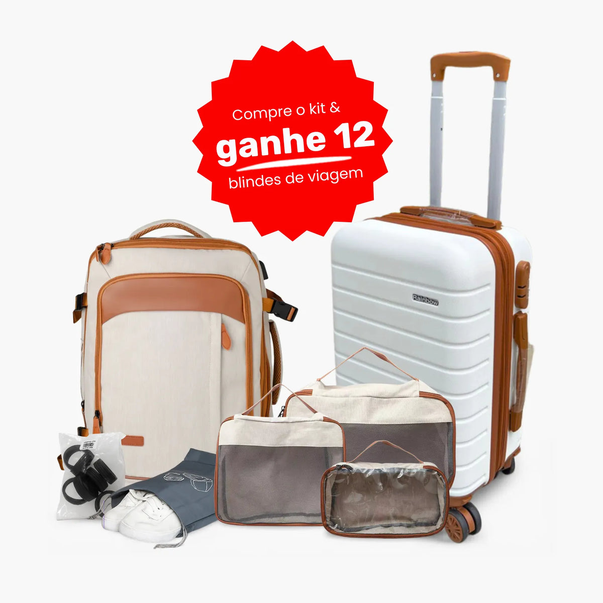 Kit Viagem Completa NovaTech™ (Mala 8 a 15 kg + Mochila + 4 Organizadores + Protetores)