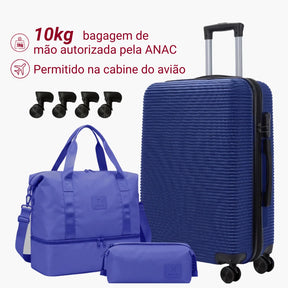 Kit Mala de Bordo 10kg Rodas Removíveis ANAC + Bolsa e Nécessaire