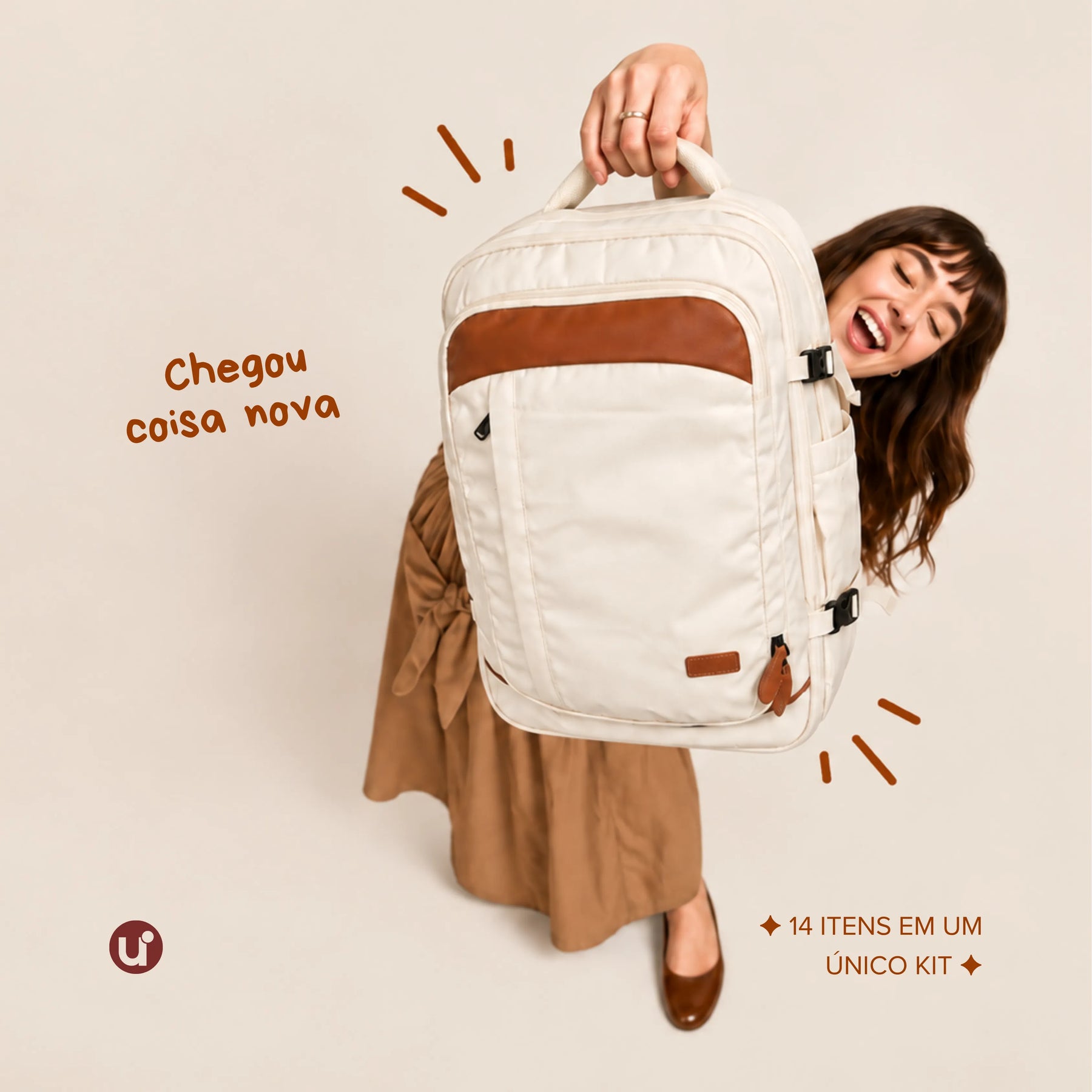 Kit de viagem NovaTech 2.0 creme: mochila antifurto com porta-notebook e USB + mala de bordo combinando — Uni Escolhas