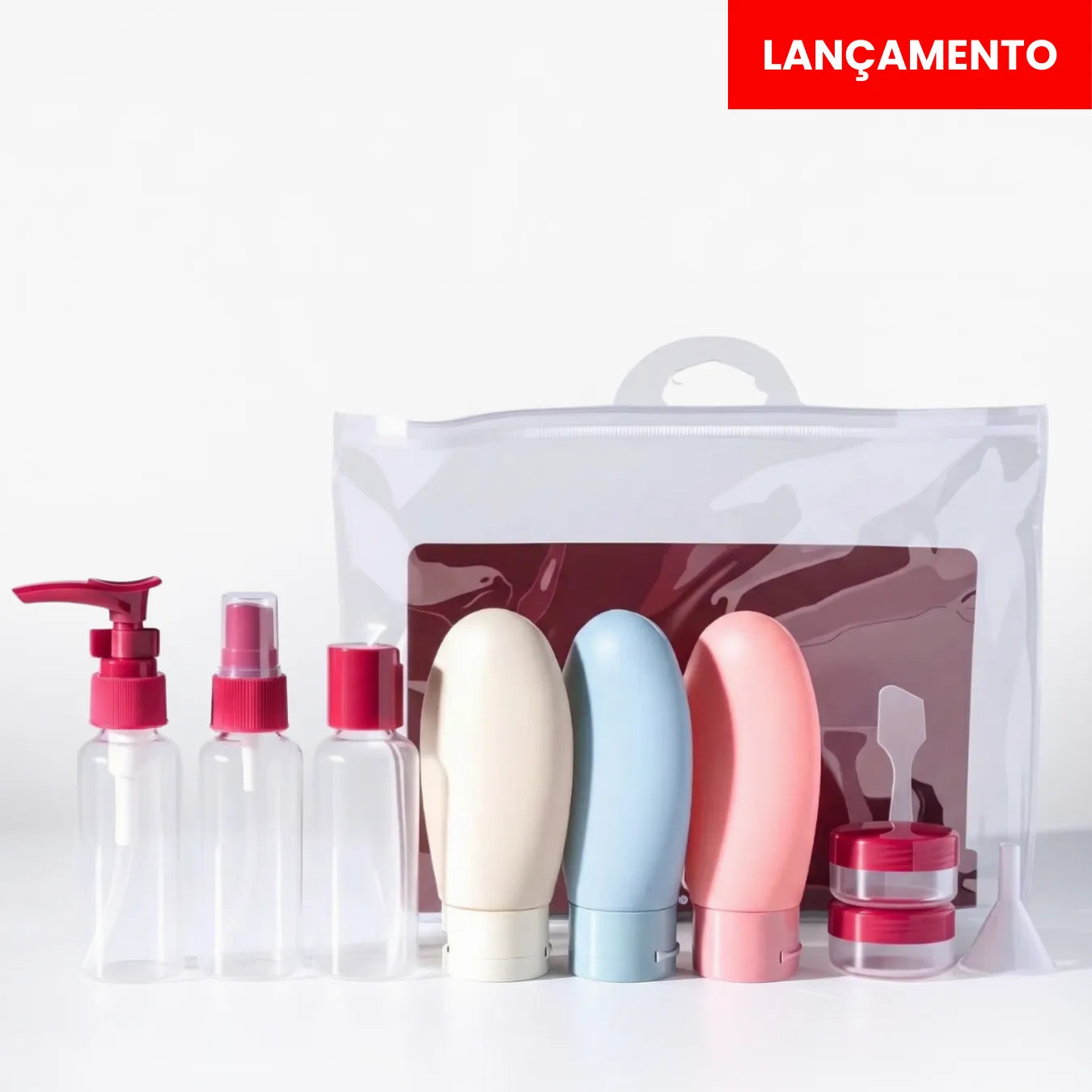 Kit Viagem 5 a 8 Peças Frascos Silicone Antivazamento + Necessaire