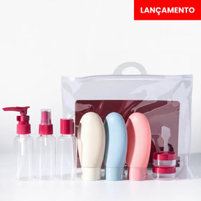 Kit Viagem 5 a 8 Peças Frascos Silicone Antivazamento + Necessaire