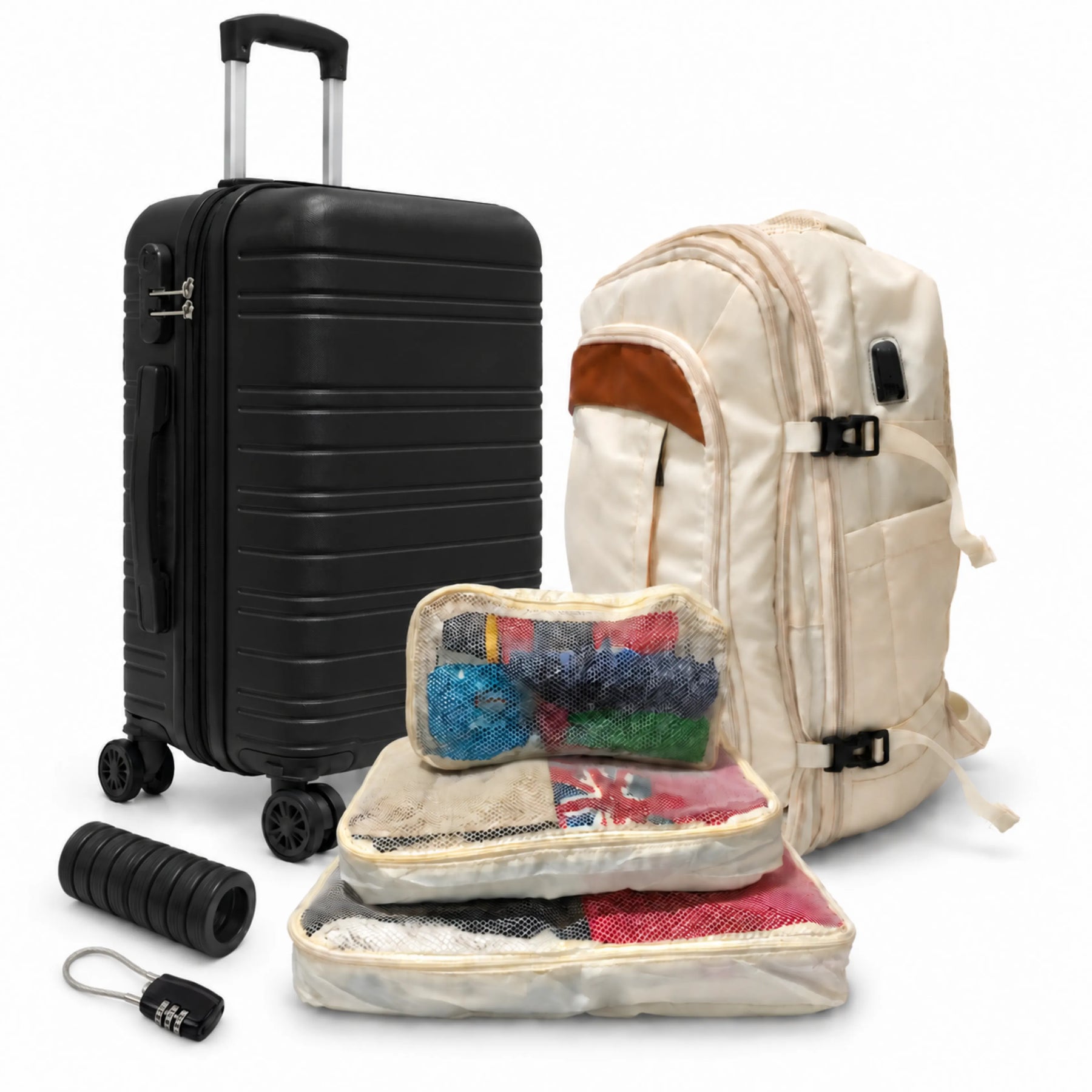 Kit Viagem NovaTech Ivoire — Mala de Bordo + Mochila Antifurto USB