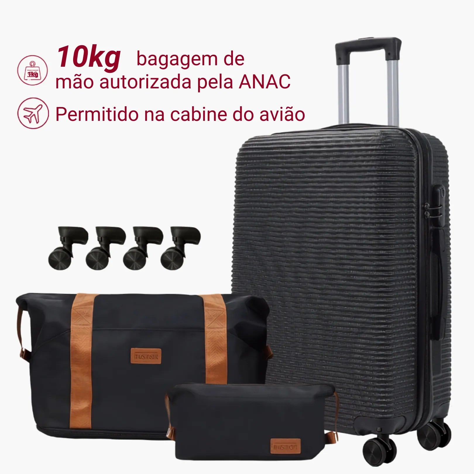 Kit Mala de Bordo 10kg Rodas Removíveis ANAC + Bolsa e Nécessaire