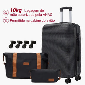 Kit Mala de Bordo 10kg Rodas Removíveis ANAC + Bolsa e Nécessaire