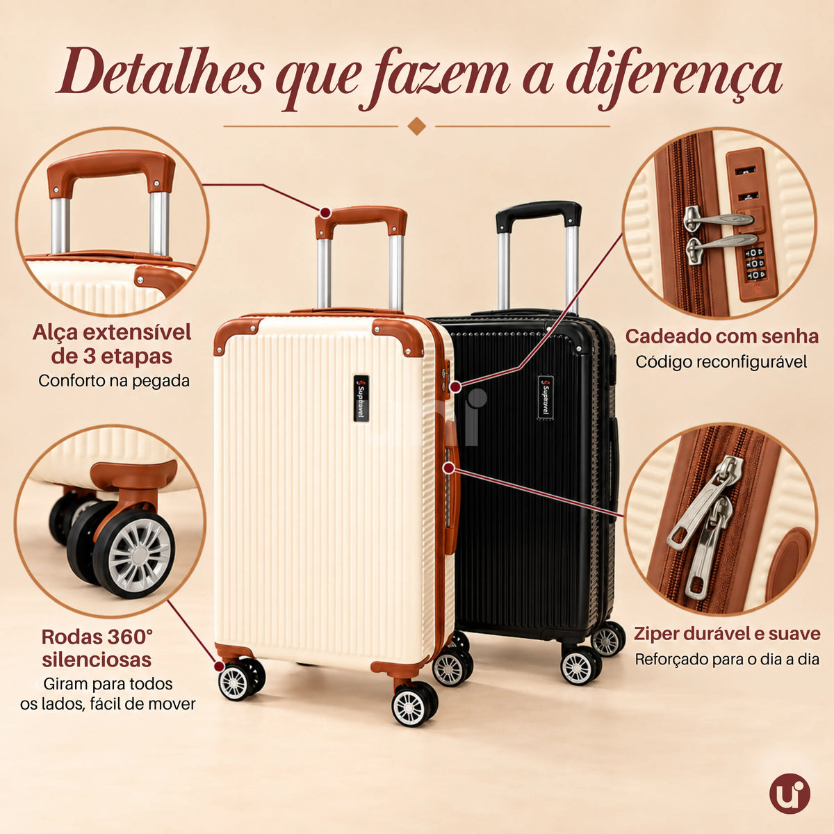 Mala de Viagem NovaTech Rígida ABS — Bordo e Despacho 8kg a 32kg | Cadeado TSA, Rodas 360° Removíveis, Expansível