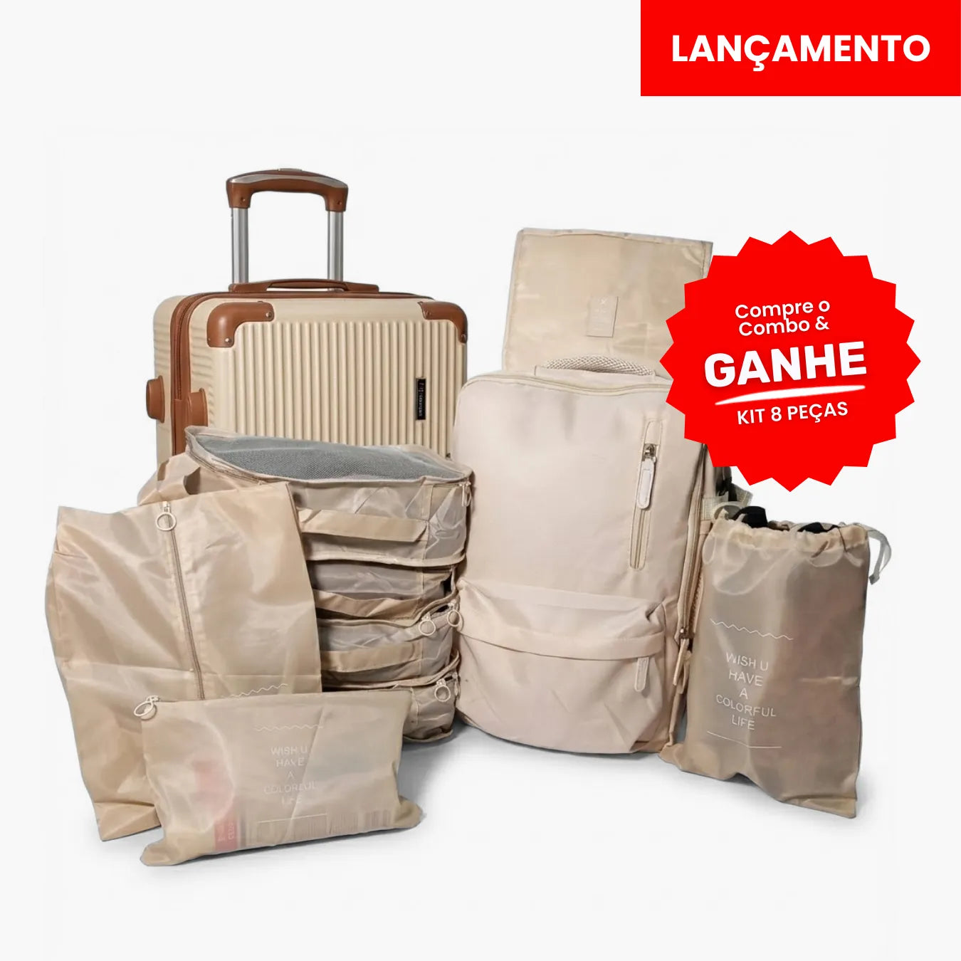 Kit Mala de Bordo 10kg + Mochila Expansível + 8 Organizadores (Padrão ANAC)