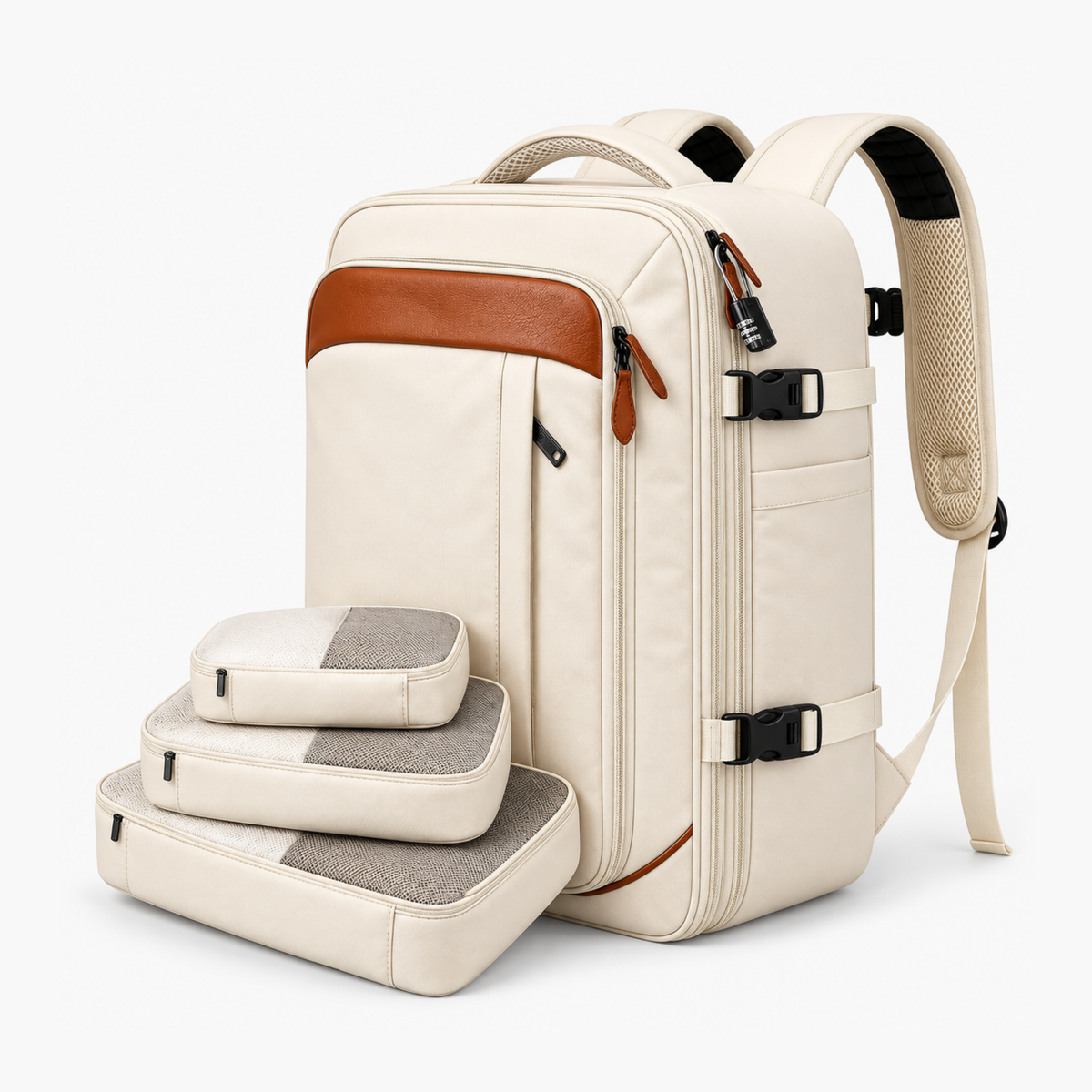 Mochila de Viagem NovaTech 2.0 Creme — 40L Expansível, USB, Antifurto e Notebook 17,3"