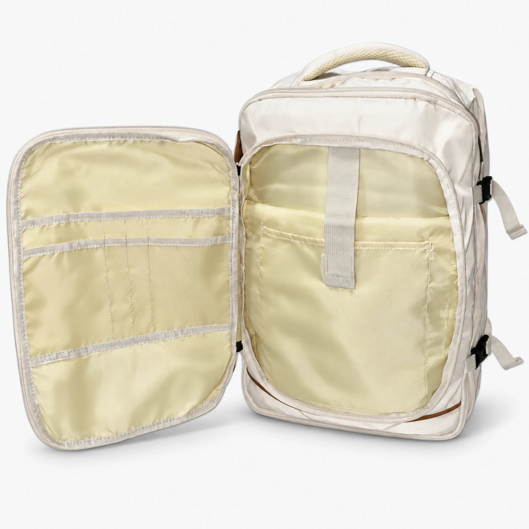 Mochila de Viagem NovaTech 2.0 Creme — 40L Expansível, USB, Antifurto e Notebook 17,3"