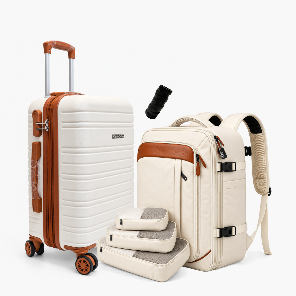 Kit NovaTech™ 2.0 Creme — Mochila Antifurto USB, Cadeado e Mala Combinando