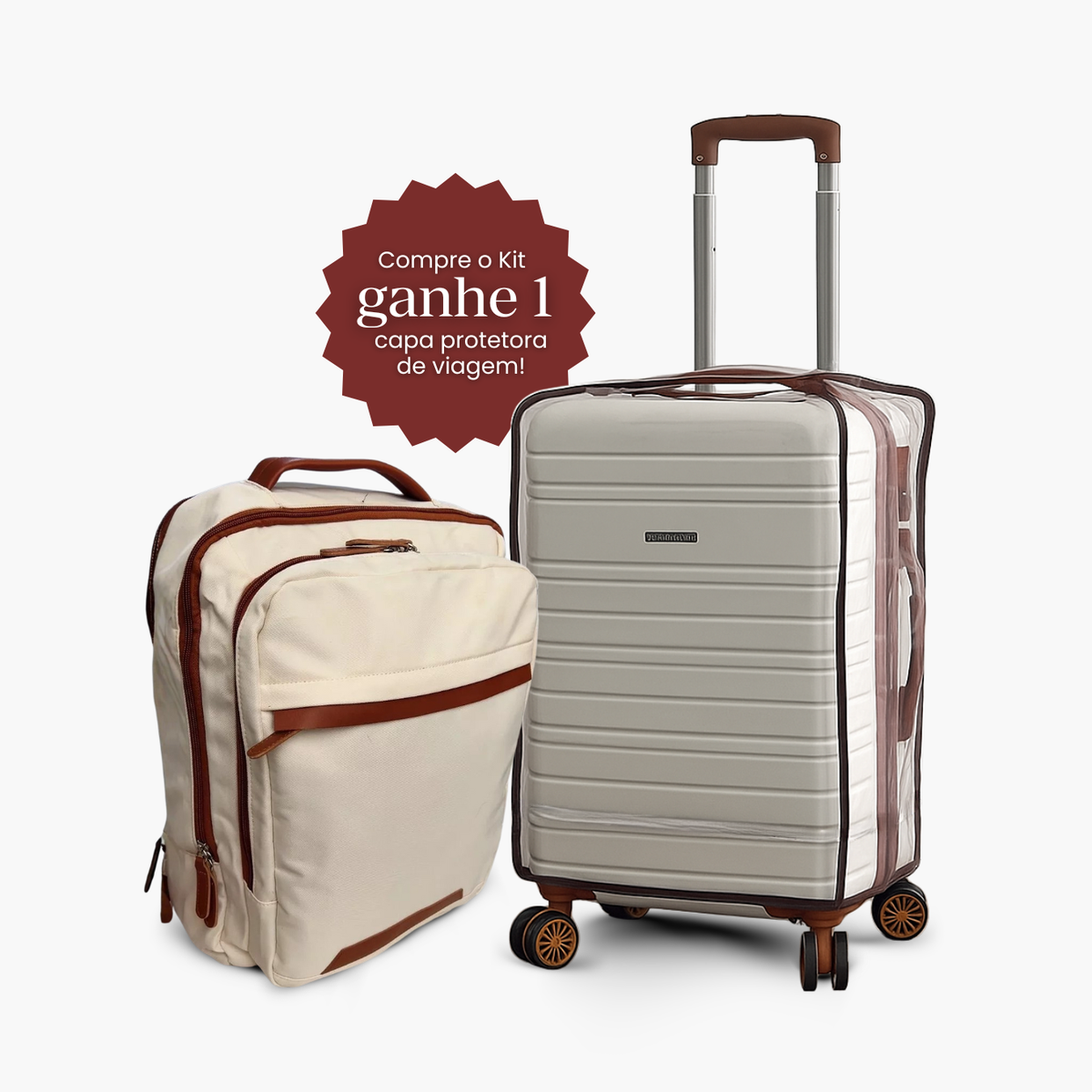 Kit Bordo Branco – Mala de Bordo Rígida (8kg a 15kg) + Mochila Siena™ + Capa Protetora Exclusiva