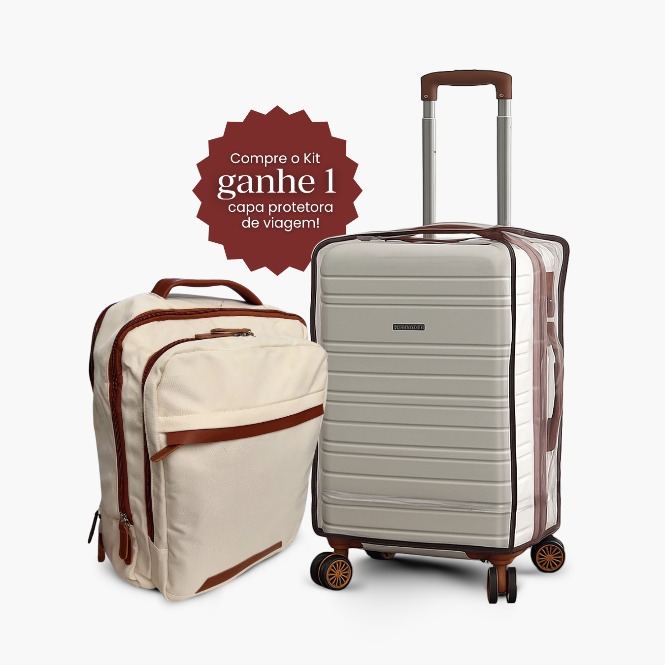 Kit Bordo Branco – Mala de Bordo Rígida (8kg a 15kg) + Mochila Siena™ + Capa Protetora Exclusiva