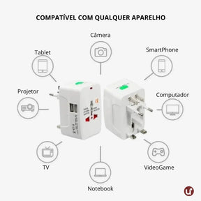 Adaptador de tomada internacional universal compacto, ideal para conectar e carregar eletrônicos com praticidade em viagens ao exterior.