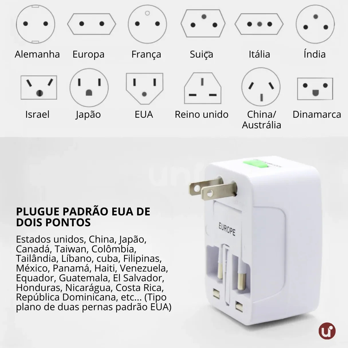 Adaptador de tomada internacional universal compacto, ideal para conectar e carregar eletrônicos com praticidade em viagens ao exterior.