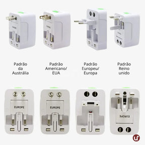 Adaptador de tomada internacional universal compacto, ideal para conectar e carregar eletrônicos com praticidade em viagens ao exterior.