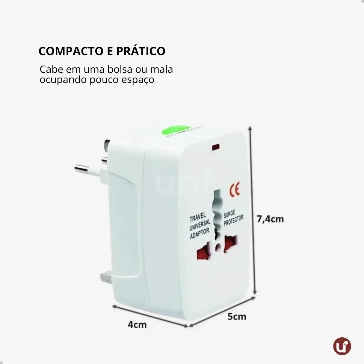 Adaptador de tomada internacional universal compacto, ideal para conectar e carregar eletrônicos com praticidade em viagens ao exterior.