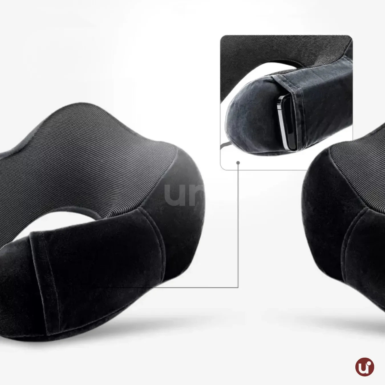 Almofada de viagem ergonômica para pescoço em formato de U, com capa aveludada premium, ideal para dormir com conforto em voos longos ou ônibus.