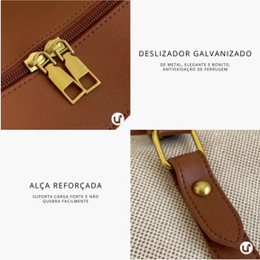 Bolsa de lona feminina Le Classique com alças de ombro e detalhes em couro sintético, com design elegante e versátil para o dia a dia e viagens curtas.