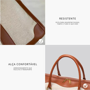 Bolsa de lona feminina Le Classique com alças de ombro e detalhes em couro sintético, com design elegante e versátil para o dia a dia e viagens curtas.
