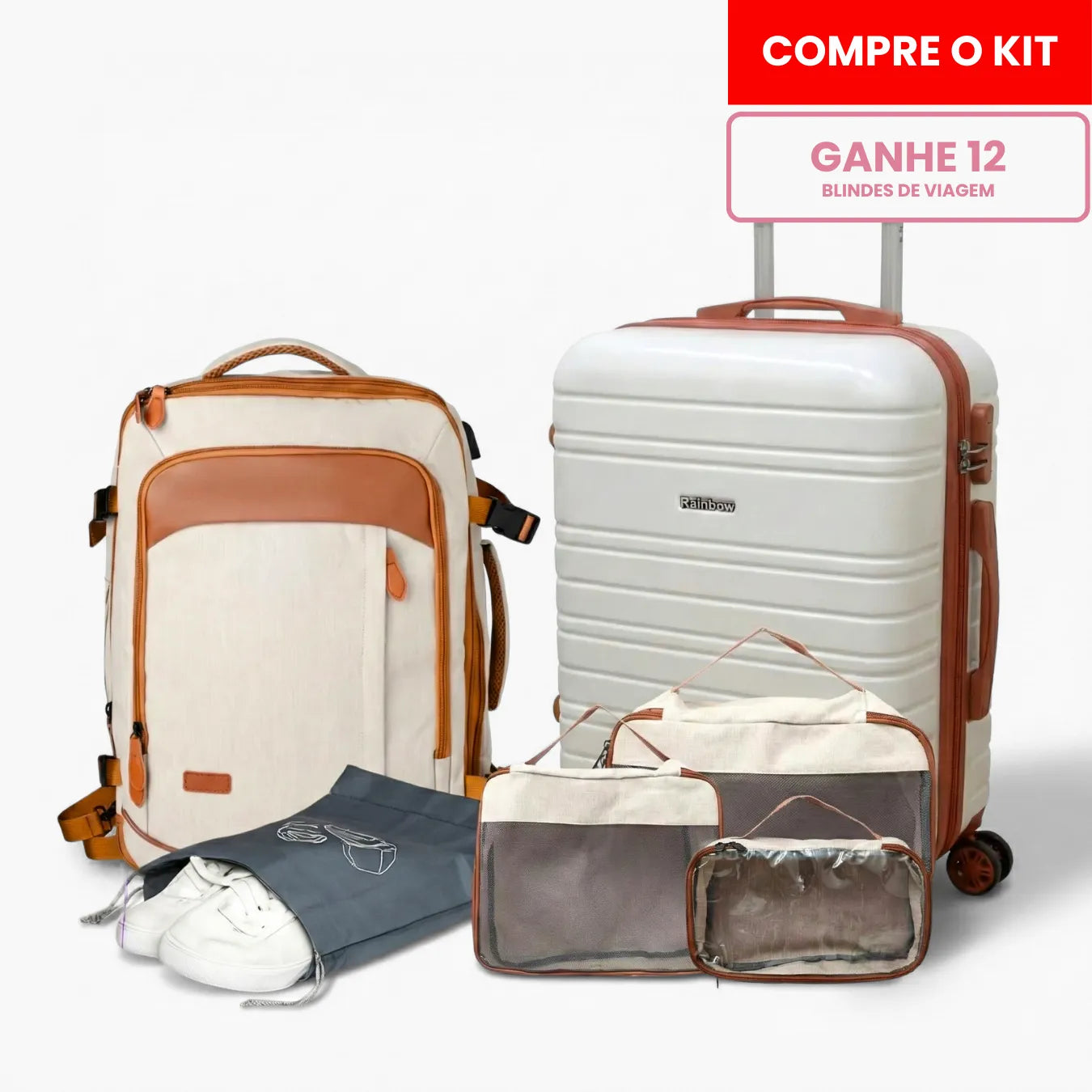 Kit de viagem completo NovaTech contendo mala de rodinhas, mochila 4 em 1 expansível, quatro organizadores internos e oito protetores de silicone para as rodas.