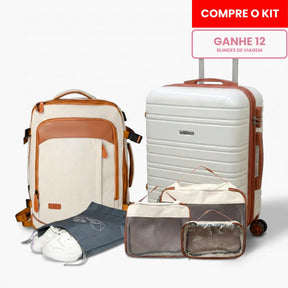 Kit de viagem completo NovaTech contendo mala de rodinhas, mochila 4 em 1 expansível, quatro organizadores internos e oito protetores de silicone para as rodas.