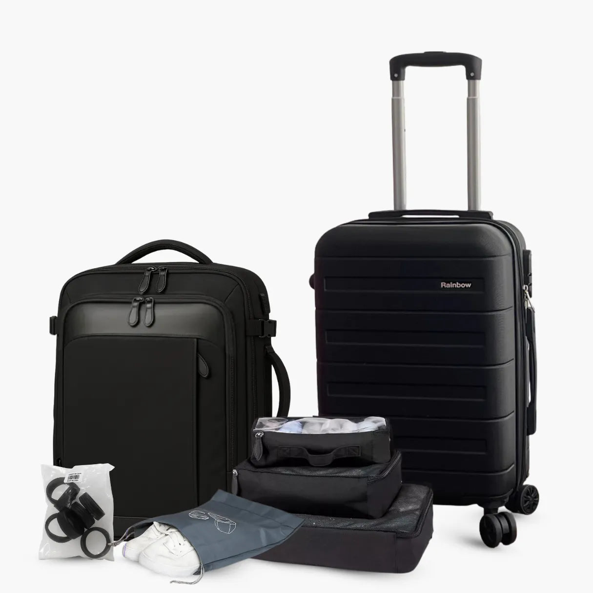 Kit de viagem completo NovaTech contendo mala de rodinhas, mochila 4 em 1 expansível, quatro organizadores internos e oito protetores de silicone para as rodas.