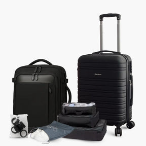Kit de viagem completo NovaTech contendo mala de rodinhas, mochila 4 em 1 expansível, quatro organizadores internos e oito protetores de silicone para as rodas.