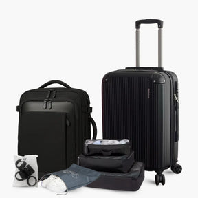 Kit de viagem completo NovaTech contendo mala de rodinhas, mochila 4 em 1 expansível, quatro organizadores internos e oito protetores de silicone para as rodas.