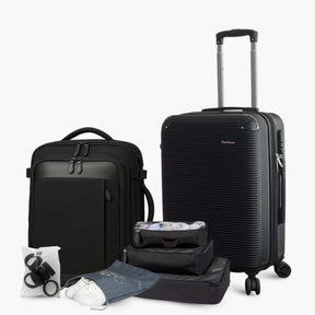 Kit de viagem completo NovaTech contendo mala de rodinhas, mochila 4 em 1 expansível, quatro organizadores internos e oito protetores de silicone para as rodas.