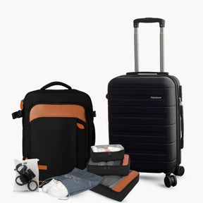 Kit de viagem completo NovaTech contendo mala de rodinhas, mochila 4 em 1 expansível, quatro organizadores internos e oito protetores de silicone para as rodas.
