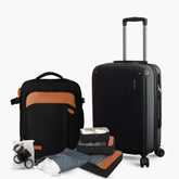 Kit de viagem completo NovaTech contendo mala de rodinhas, mochila 4 em 1 expansível, quatro organizadores internos e oito protetores de silicone para as rodas.