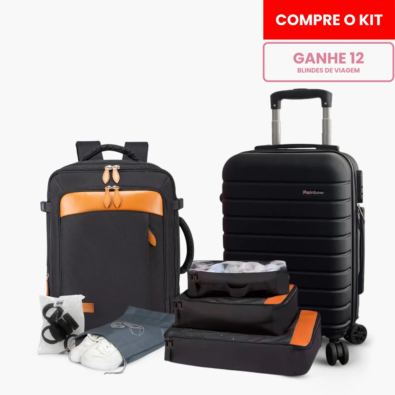 Kit de viagem completo NovaTech contendo mala de rodinhas, mochila 4 em 1 expansível, quatro organizadores internos e oito protetores de silicone para as rodas.