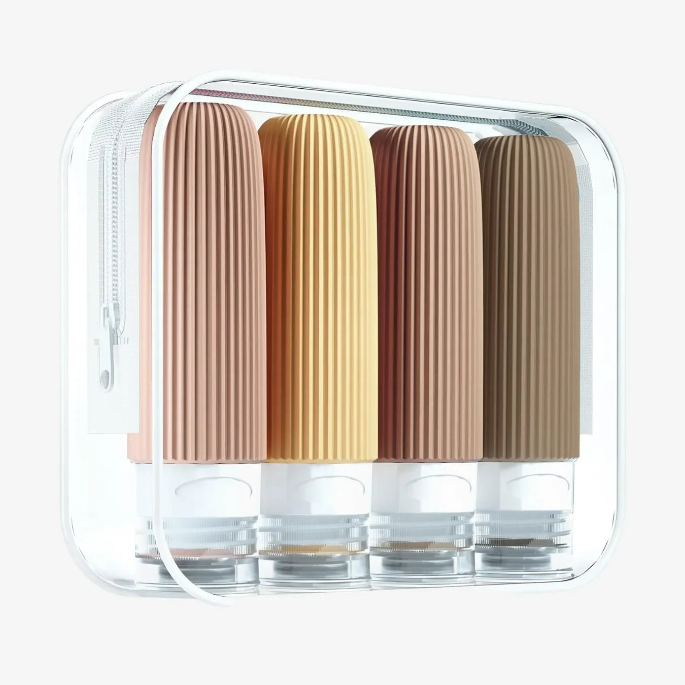 Kit Silicase com 4 frascos de silicone coloridos para viagem de 90ml e nécessaire transparente, ideal para levar produtos de higiene na bagagem de mão.