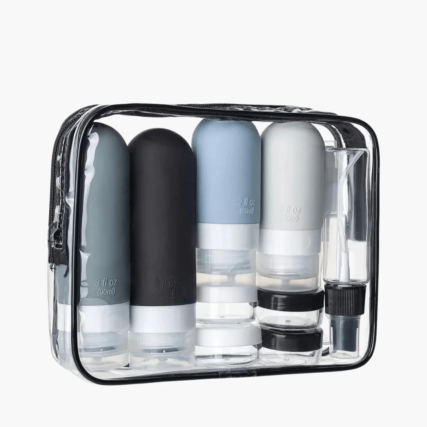 Kit Silicase com 4 frascos de silicone coloridos para viagem de 90ml e nécessaire transparente, ideal para levar produtos de higiene na bagagem de mão.